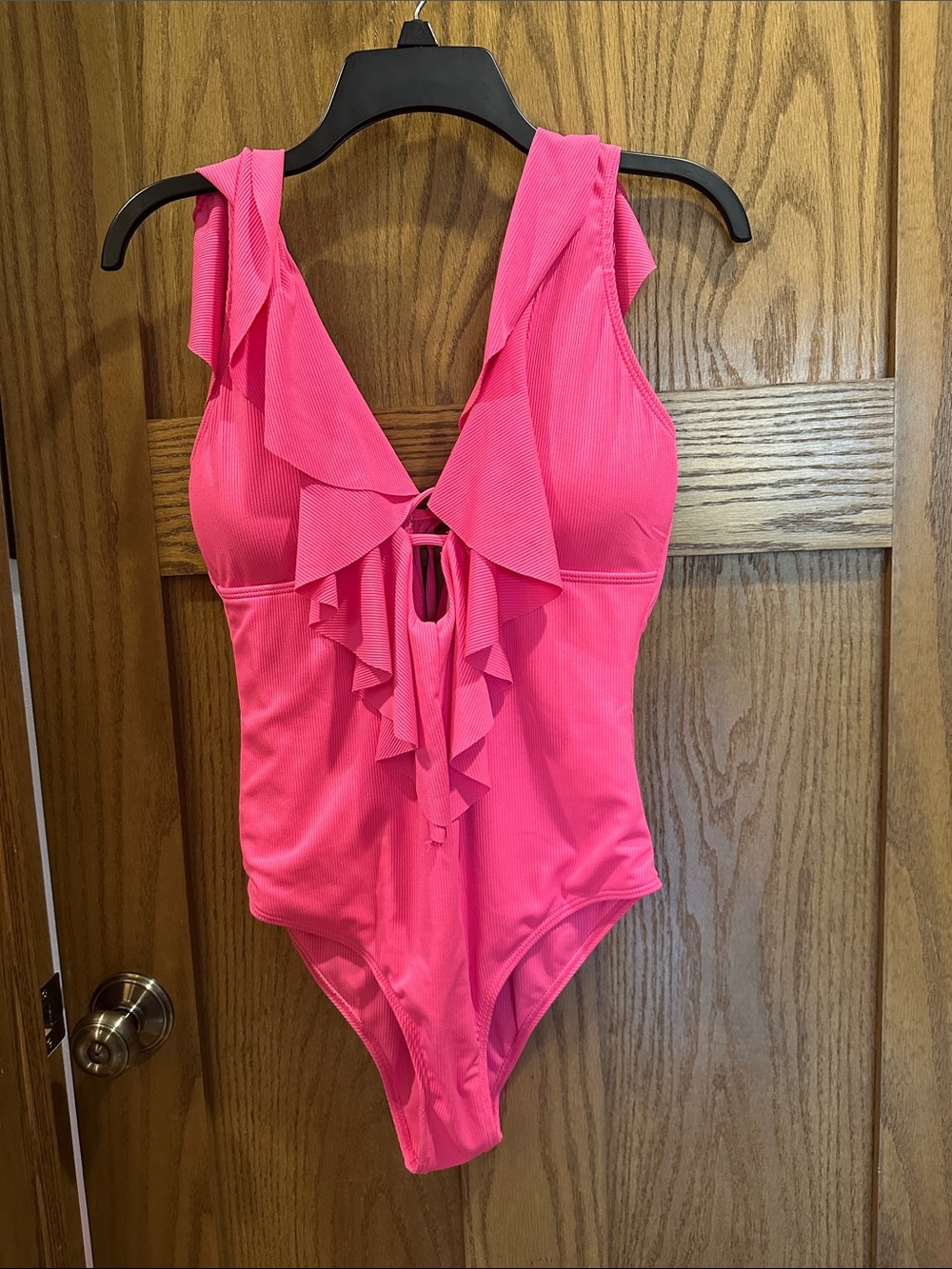 Ruffled V-Neck One-Piece Swimsuit in Bright Pink